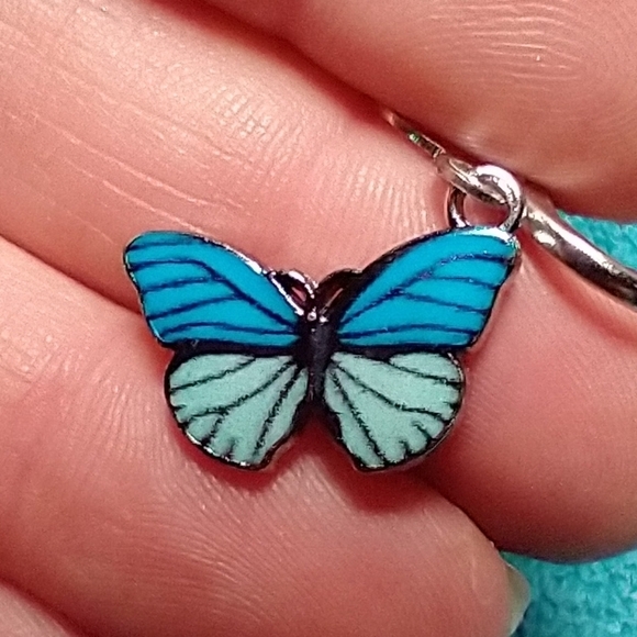Silvertone blue butterfly pierced dangle wire earrings - Picture 1 of 3